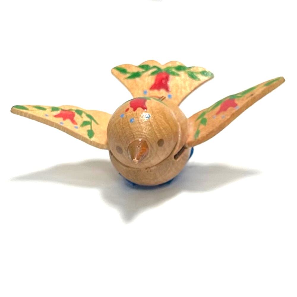 Handmade Painted Wood Bird Ornament Vtg 2.5" Folk Art Boho